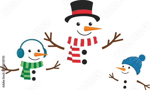 Three cheerful snowmen stand together in a snowy winter wonderland scene