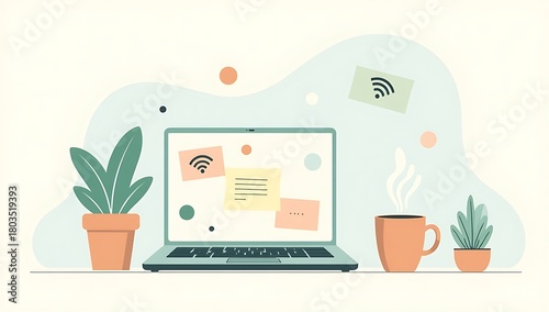 Clip-art illustration of a laptop, coffee mug, and small plant arranged in soft abstract shapes, with floating symbols of WiFi and notes. Clean pastel palette, minimal geometric forms.