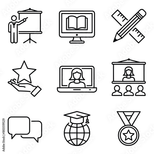 Education and learning vector icons representing learning methods and achievements