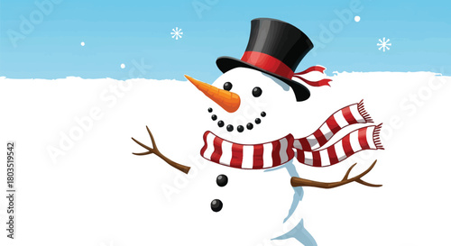 Cheerful snowman with a top hat and scarf standing in a snowy winter wonderland