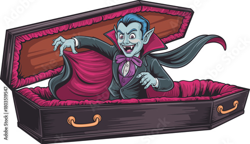 Cartoon vampire emerging from coffin with spooky expression wearing cape and fangs, Halloween monster illustration for horror theme decoration design