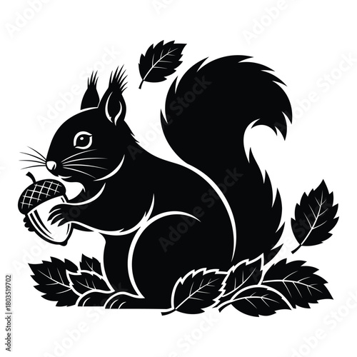 Elegant Black Squirrel Silhouette with Acorn and Foliage Illustration Vector