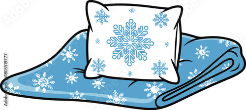 Cozy winter scene with a snowflake pillow and blanket on a snowy background
