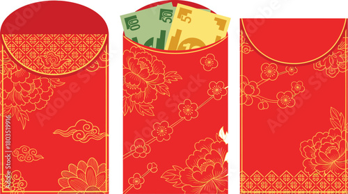 Red envelope icon vector—ornate Chinese envelopes with gold floral patterns and visible currency for Lunar New Year and gifting visuals