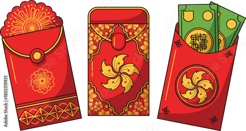 Red envelope icon vector—ornate Chinese envelopes with floral gold designs and currency for Lunar New Year and festive gifting visuals
