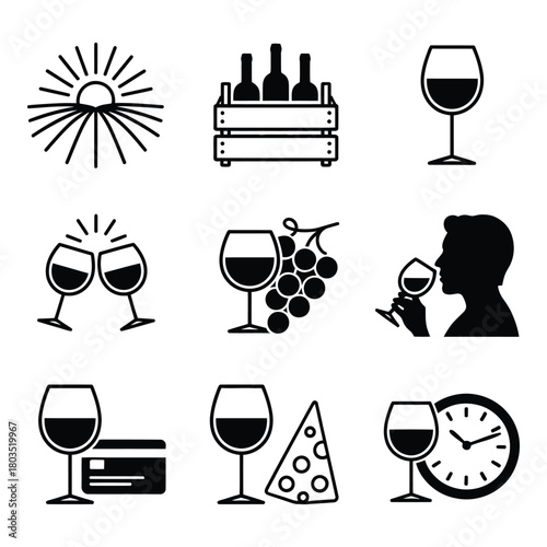 Elegant wine tasting icons set for sommelier or vineyard theme