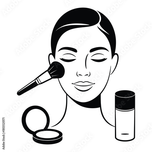 Elegant woman applying makeup with brush and compact in monochrome style