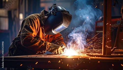 A worker in protective gear welds metal, sparks fly as bright light emanates from the process. The scene is industrial