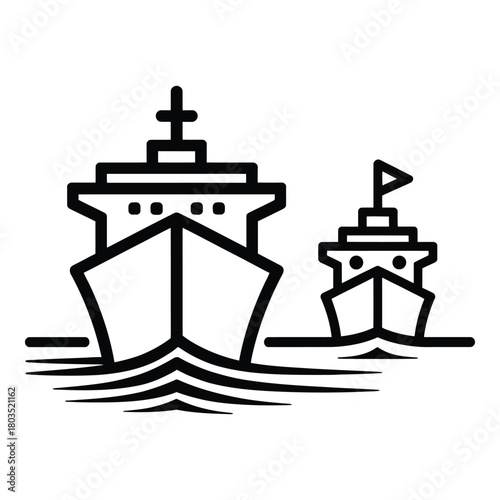 Front View of Two Ships in Open Water Black Outline