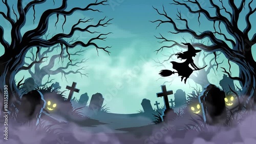 Silhouette Witch Flying Over Spooky Graveyard on Halloween Night.