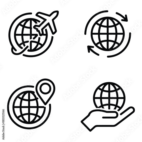 Global Travel Icons Set in Black and White Line Art Style