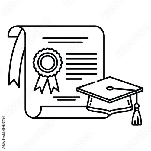 Graduation certificate and mortarboard vector illustration in outline style