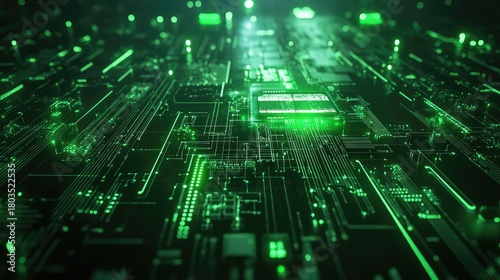 Green glowing circuit board processing data flow