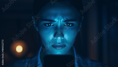 Young woman with furrowed brow experiencing digital strain, illuminated by blue light from a smartphone.