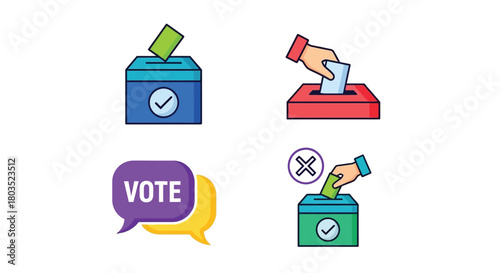 Voting process icons featuring ballot box hand inserting ballot and speech bubble