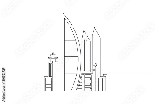 Single line drawing of cityscape urban landscape architecture with skyscrapers