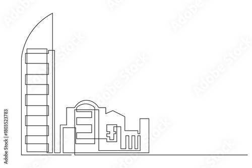One line drawing of buildings urban landscape design architecture residential area