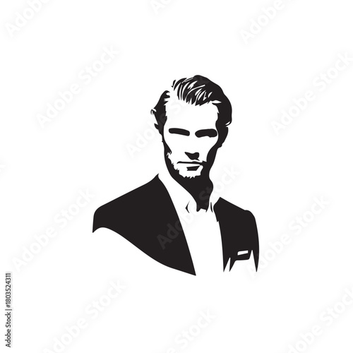 Black and White Handsome Man Illustration in Clean Vector Line Art Style on Minimal Background