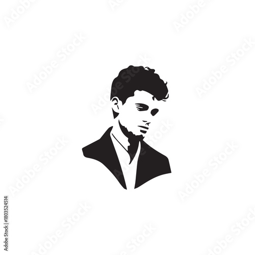 Black and White Handsome Man Illustration in Clean Vector Line Art Style on Minimal Background