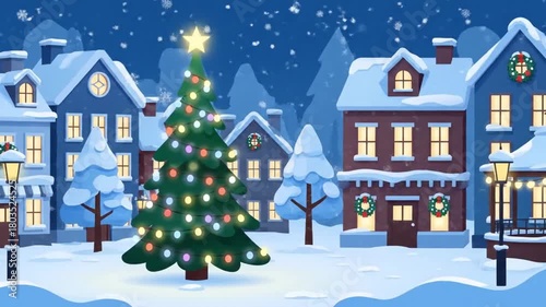 Animated Christmas Village Scene with Decorated Tree and Snow.