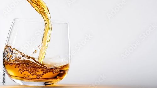 Amber Elixir Poured: The scene captures the artistry of pouring a rich amber liquid into a crystal-clear glass, revealing its radiant color and enticing textures.