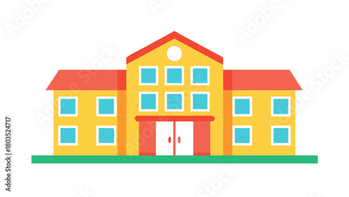 A bright cartoon kindergarten building with many windows