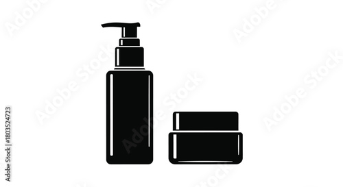 Black cosmetic bottle with pump and jar simple monochrome style illustration