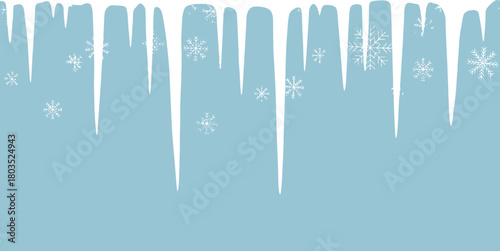 Winter background with icicles and snowflakes falling against a light blue sky