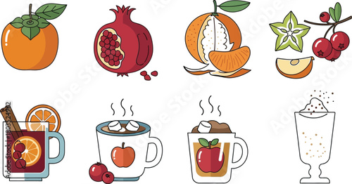 Festive winter drinks and fruits illustration for holiday season celebrations