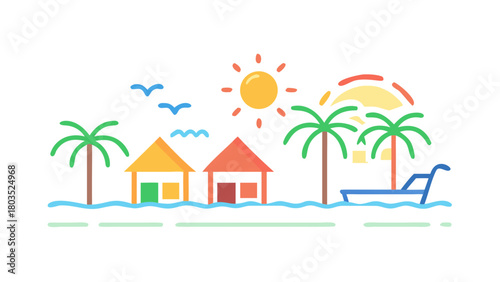 A colorful beach resort scene with sun and palm trees