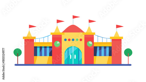 A colorful cartoon theme park building with flags in vector style