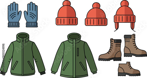 Winter clothing set with jacket boots gloves and hats for outdoor activities
