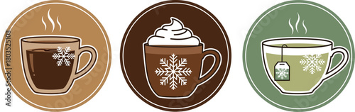 Three winter beverages coffee cocoa and tea with snowflakes in a festive design