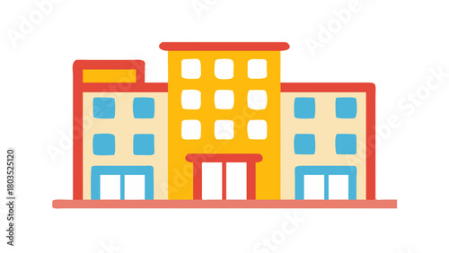 A Colorful Hotel Building Icon Depicted in a Flat Style