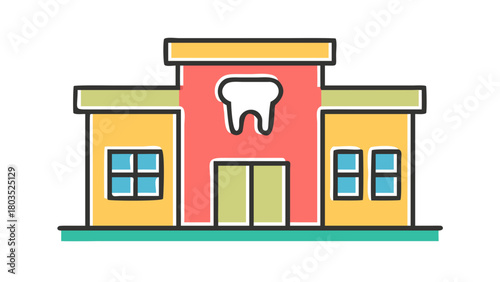 A colorful illustration of a dental clinic building