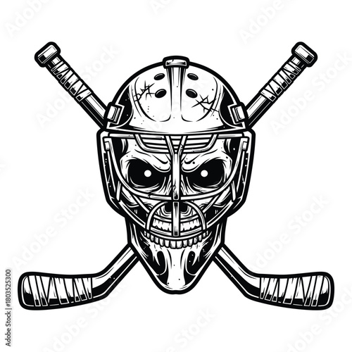 Monochrome hockey goalie skull mask with crossed sticks illustration design