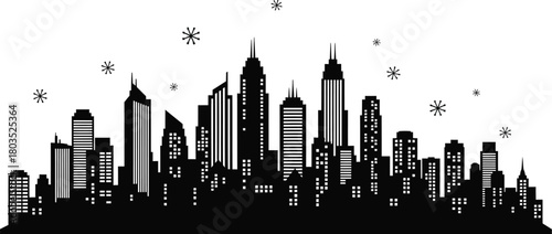 Black silhouette of a city skyline with stars on a white background illustration