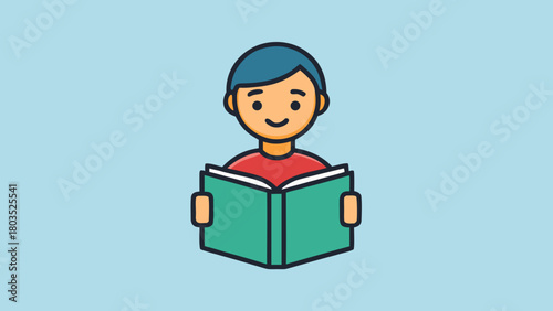A happy child reading a green book illustration