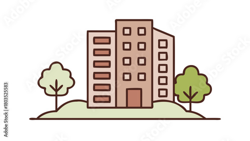 A modern building icon in an urban city landscape