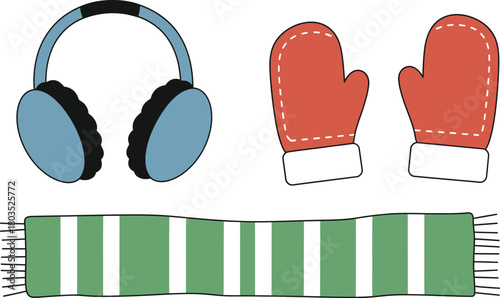 Winter accessories including earmuffs mittens and a striped scarf on white