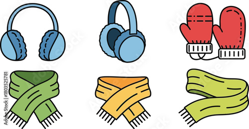 Winter accessories including earmuffs scarves and mittens on a white background