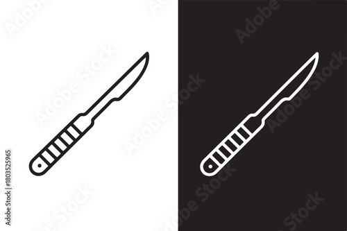 Surgical scalpel icon vector line art illustration isolated on white and black background for medical and healthcare designs