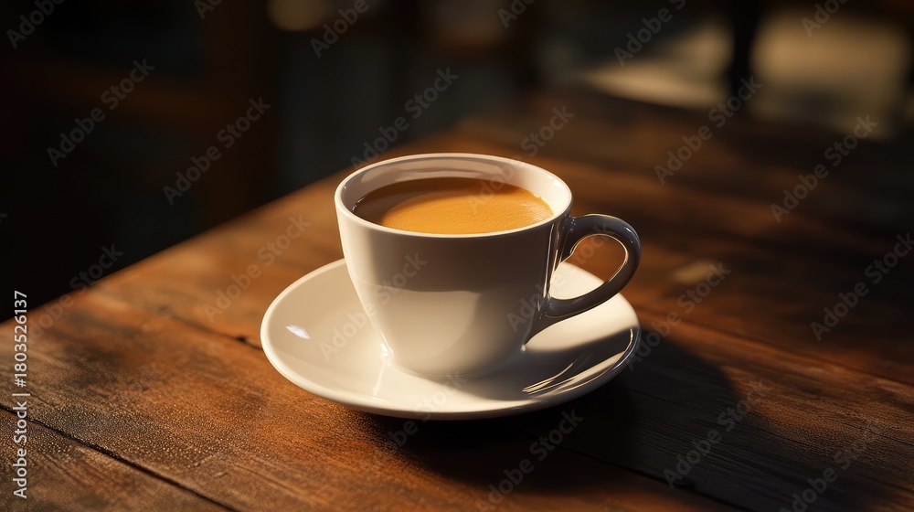 Fototapeta premium Hot coffee cup on wooden table enjoying morning drink