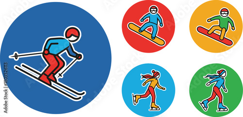 Winter sports icons featuring skiing snowboarding and ice skating activities