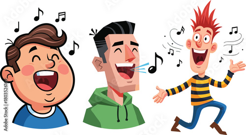 Cartoon characters singing with musical notes, happy people performing joyful music, expressive singers in colorful illustration style creating fun entertainment artwork