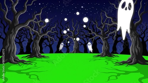 Animated Halloween Forest with Ghosts and Night Sky.
