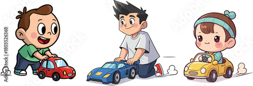 Cartoon children playing with toy cars, joyful kids activity, preschool fun, colorful vehicles, childhood imagination, outdoor playtime, happy expressions
