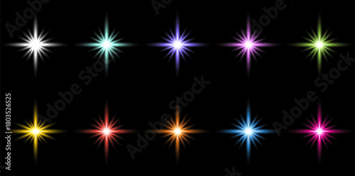 Collection of colorful realistic lighting effects. Bright shining light effects with bright flashes. Set of light effects, Starburst Effects, lens effects.