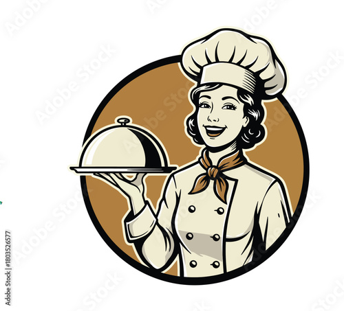 Happy female chef holding platter isolated on white background for restaurant or catering