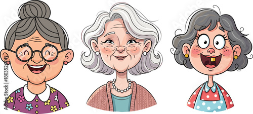 Cartoon grandmother characters smiling with expressive faces, cute elderly women illustration for family artwork, senior portraits, storytelling and children’s design